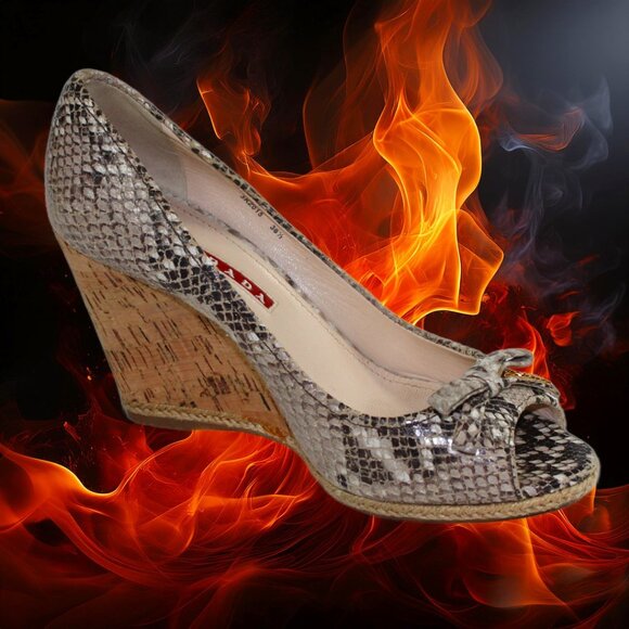 Prada Beige Taupe Gray Python Leather Cork Wedge Peep-Toe, Size 36.5 (US 6.5) - Picture 1 of 9